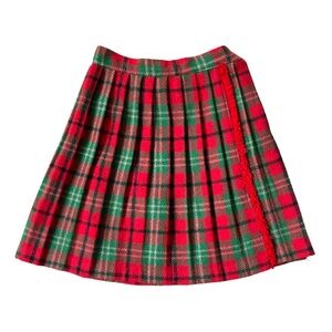VINTAGE WOOL Skirt Kilt Mini pleated Irish Scottish Gingham Plaid Red Green